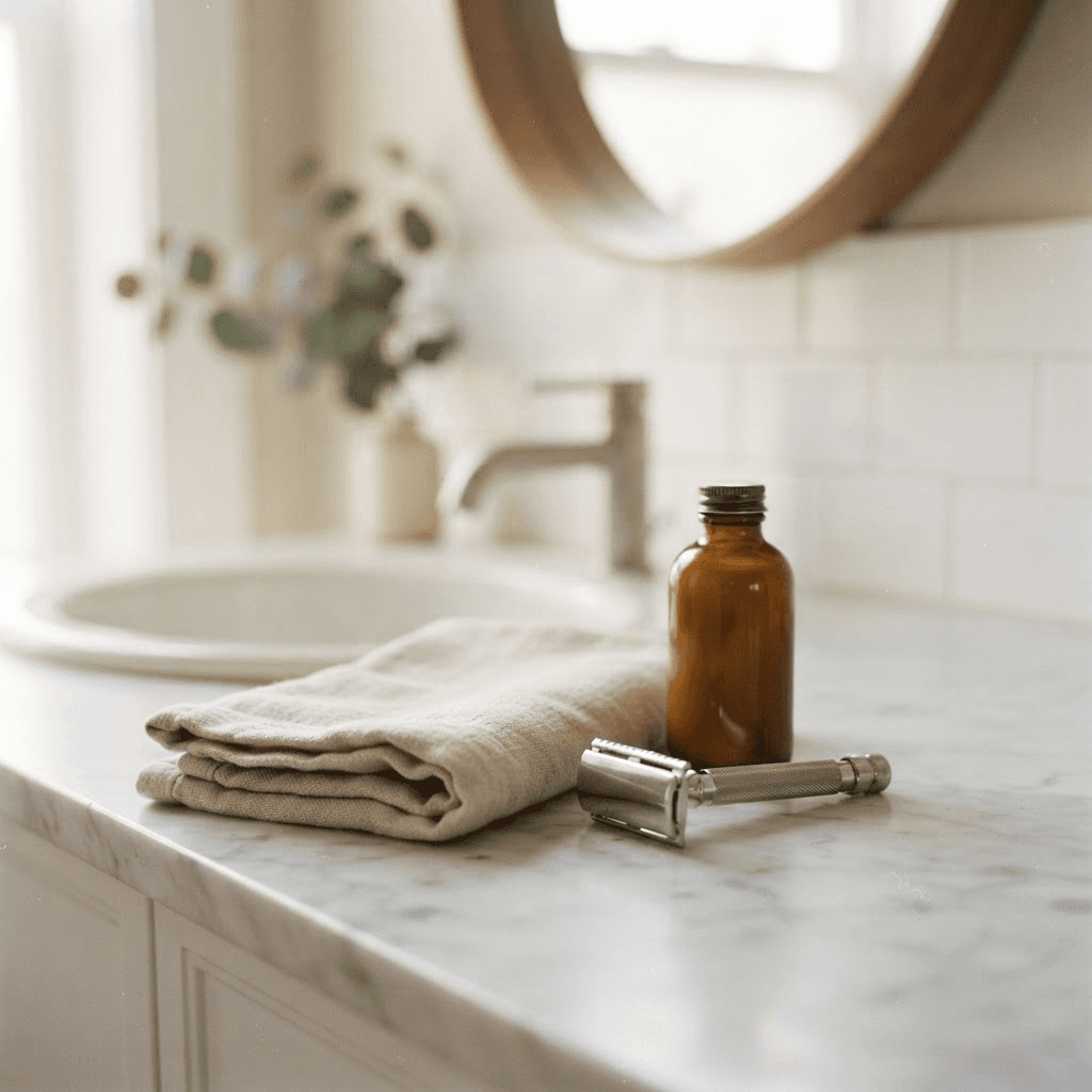 A folded towel, razor, and moisturizer on a bright bathroom counter