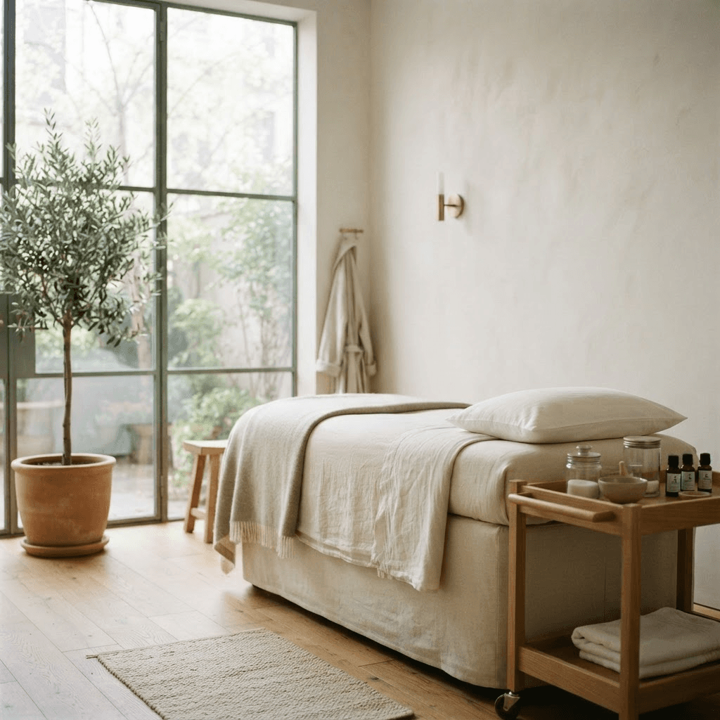 A bright, modern aesthetics clinic interior with a treatment bed and daylight