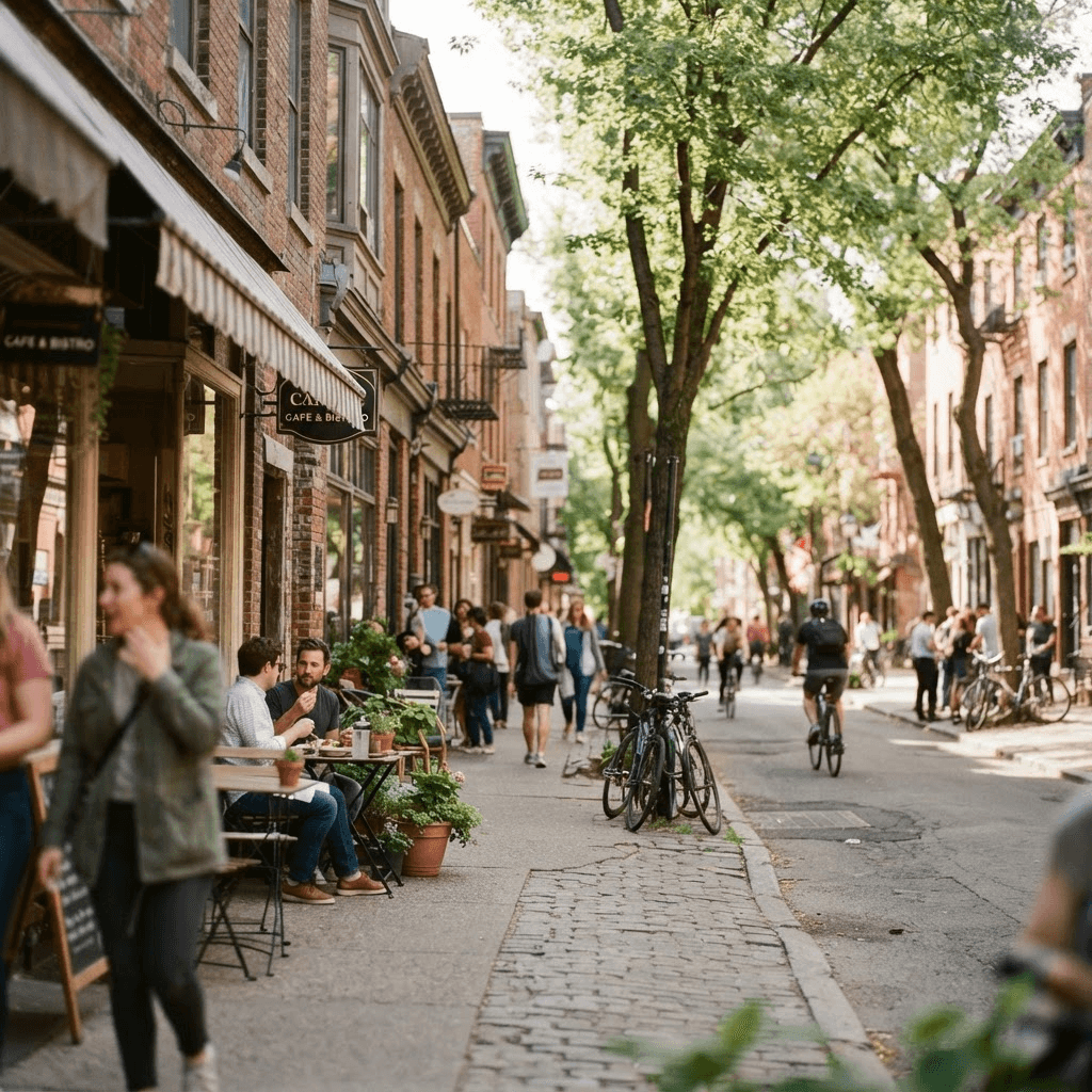 A walkable Calgary neighbourhood street lined with low-rise storefronts and trees