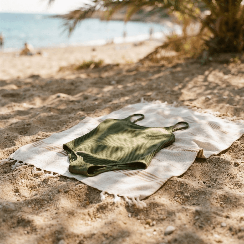 A folded swimsuit and soft beach towel on warm sand in dappled sunlight
