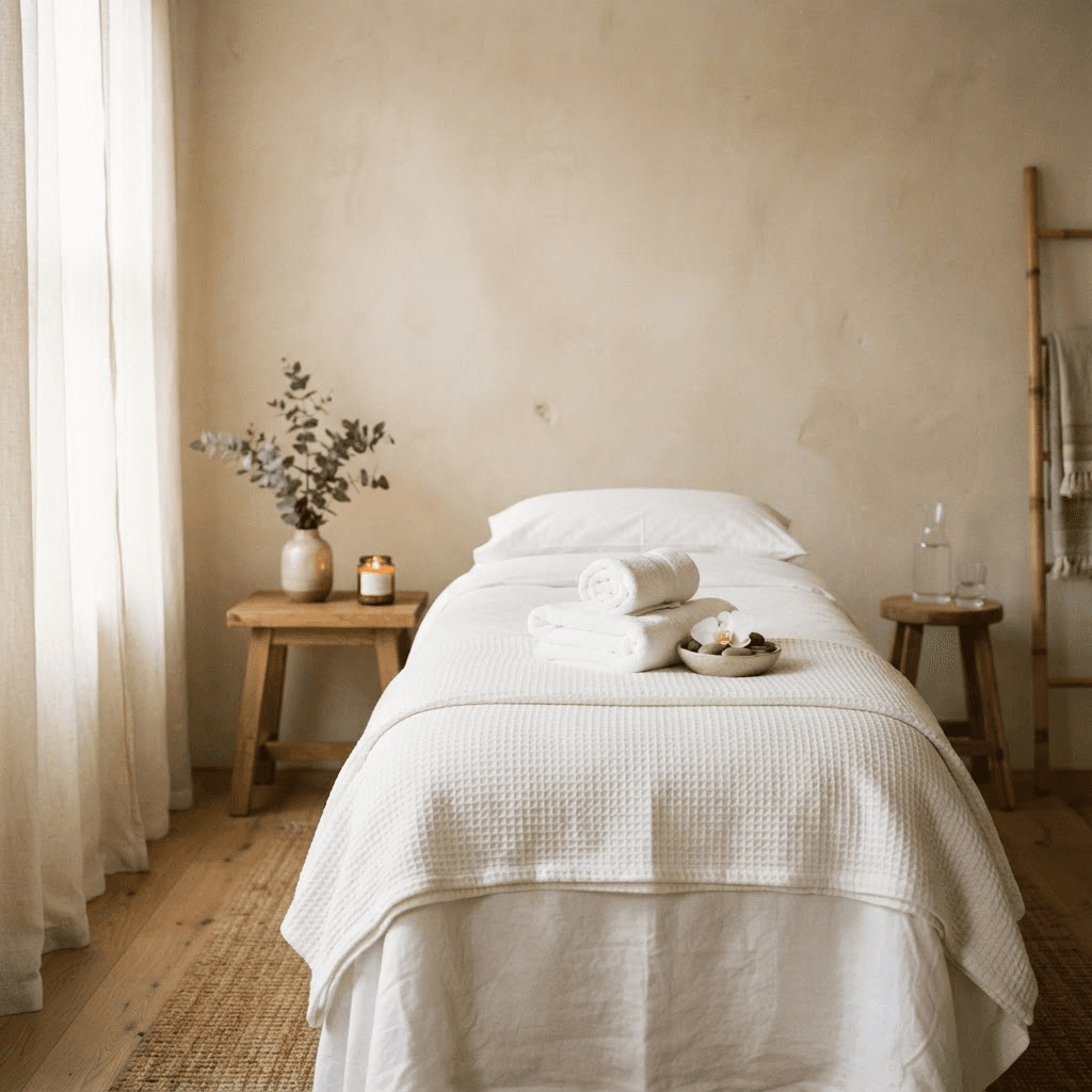 A calm spa treatment room with a treatment bed, folded towels, and a plant