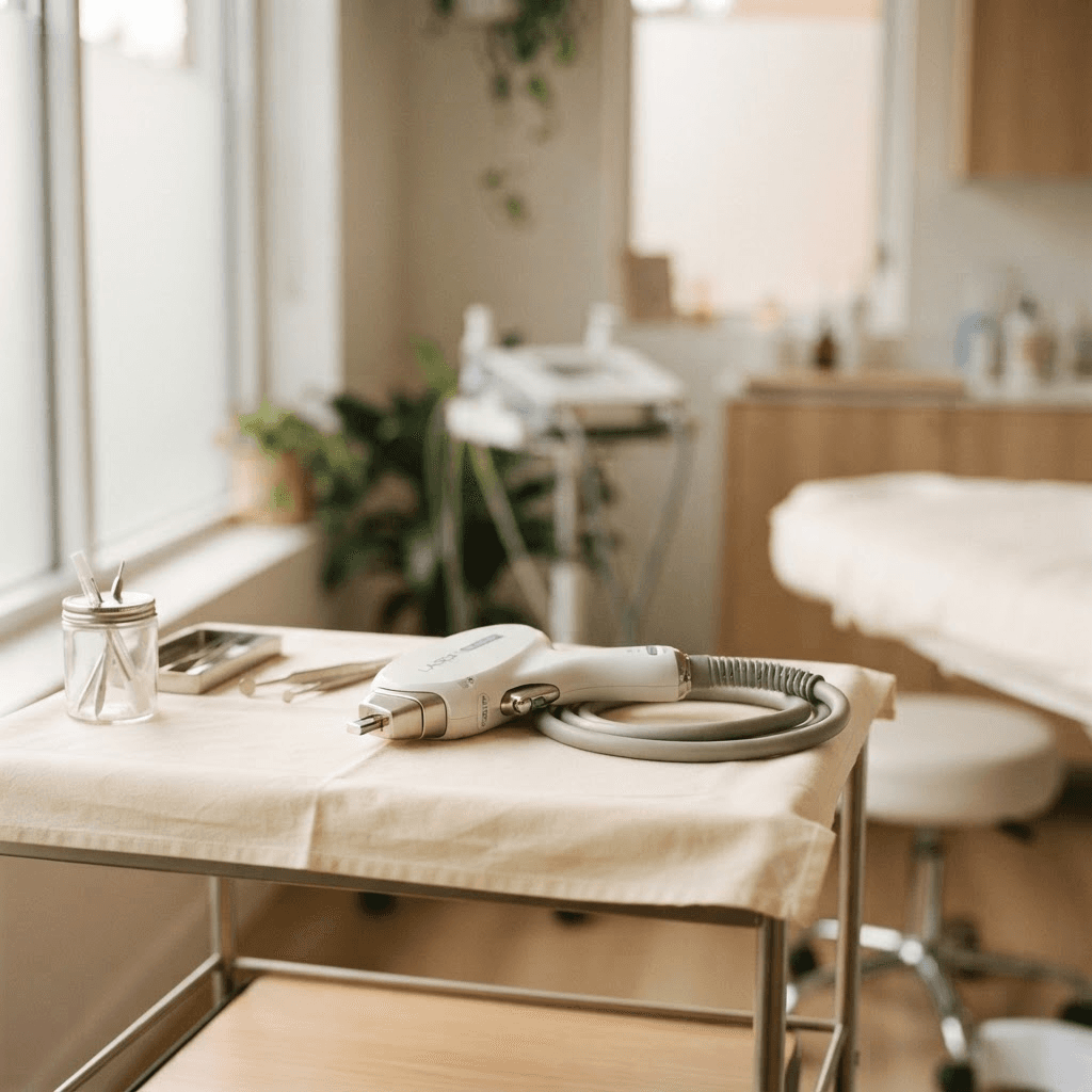 A professional laser hair removal handpiece resting on a clean clinic surface