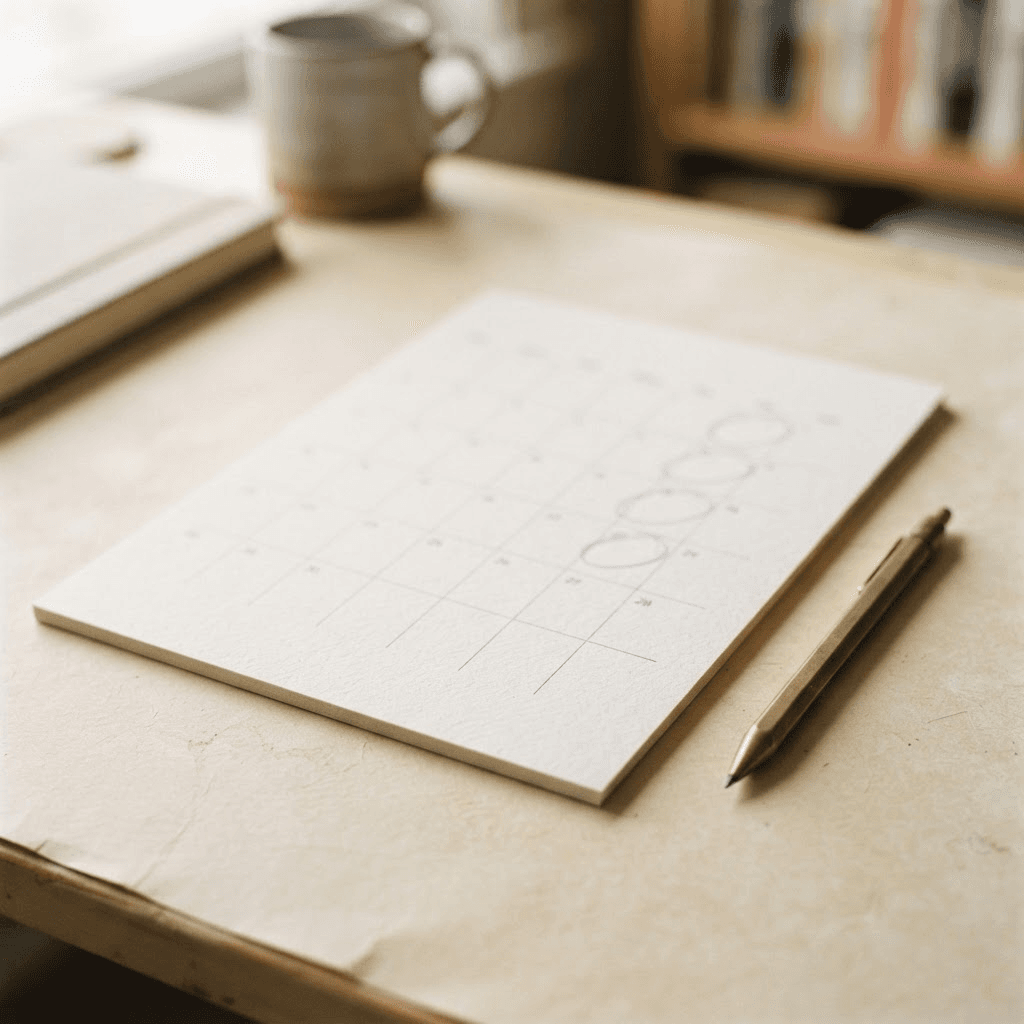 A minimalist wall calendar with a few days softly marked, beside a pen
