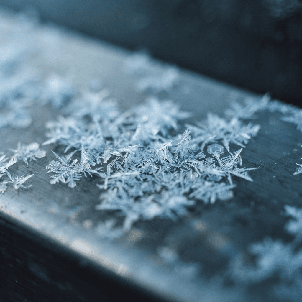 Delicate frost crystals forming on a cool surface in soft blue light
