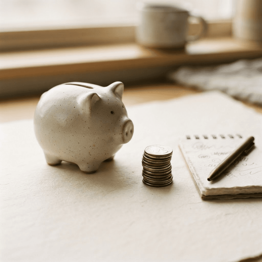 A ceramic piggy bank beside stacked coins and a notepad on a cream desk
