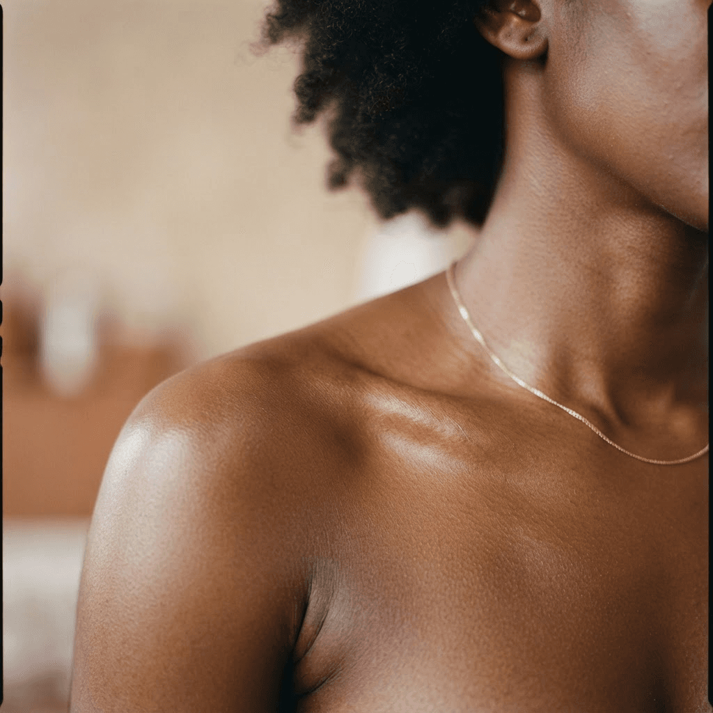 Close-up of smooth, healthy deep brown skin across a shoulder and collarbone