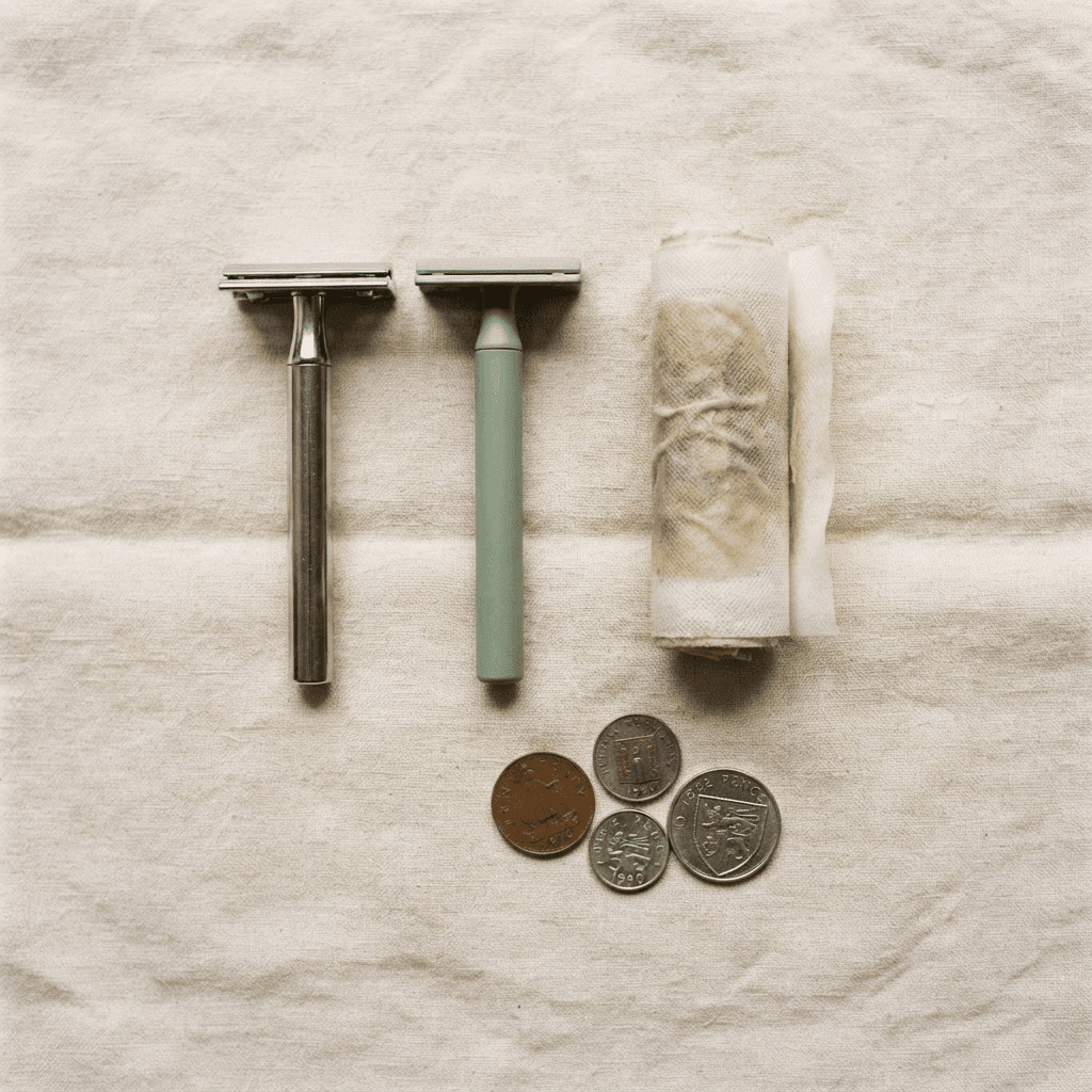 Flat lay of razors, a cloth wax strip, and coins on cream linen