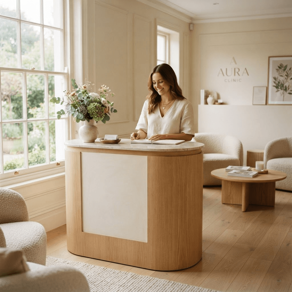 A warm, inviting clinic reception area with a minimalist front desk and flowers