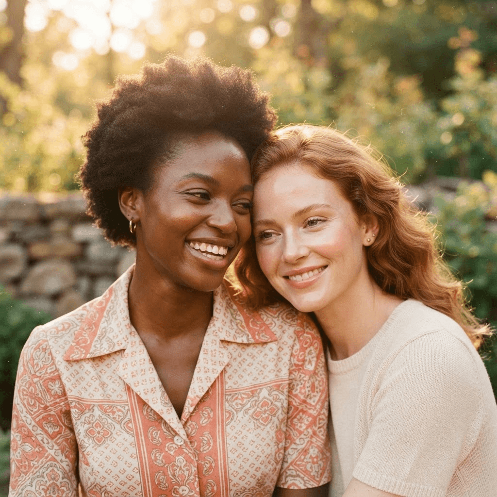 Two women with different skin tones in warm sunlight, both with smooth, radiant skin