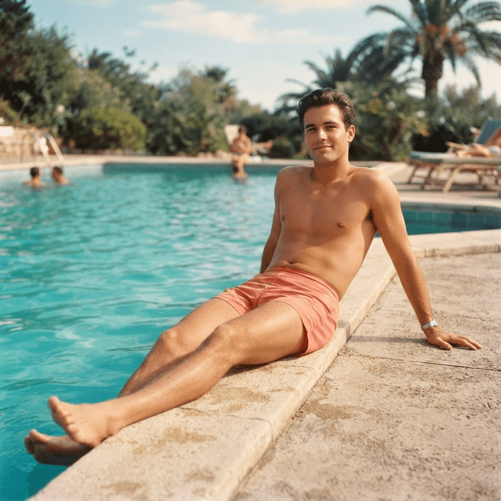 A man relaxing poolside in warm sunlight with smooth skin