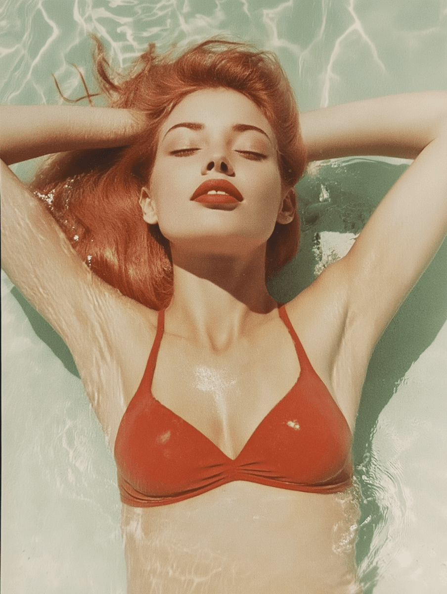 A woman relaxing in a sunlit turquoise pool with smooth, hair-free skin